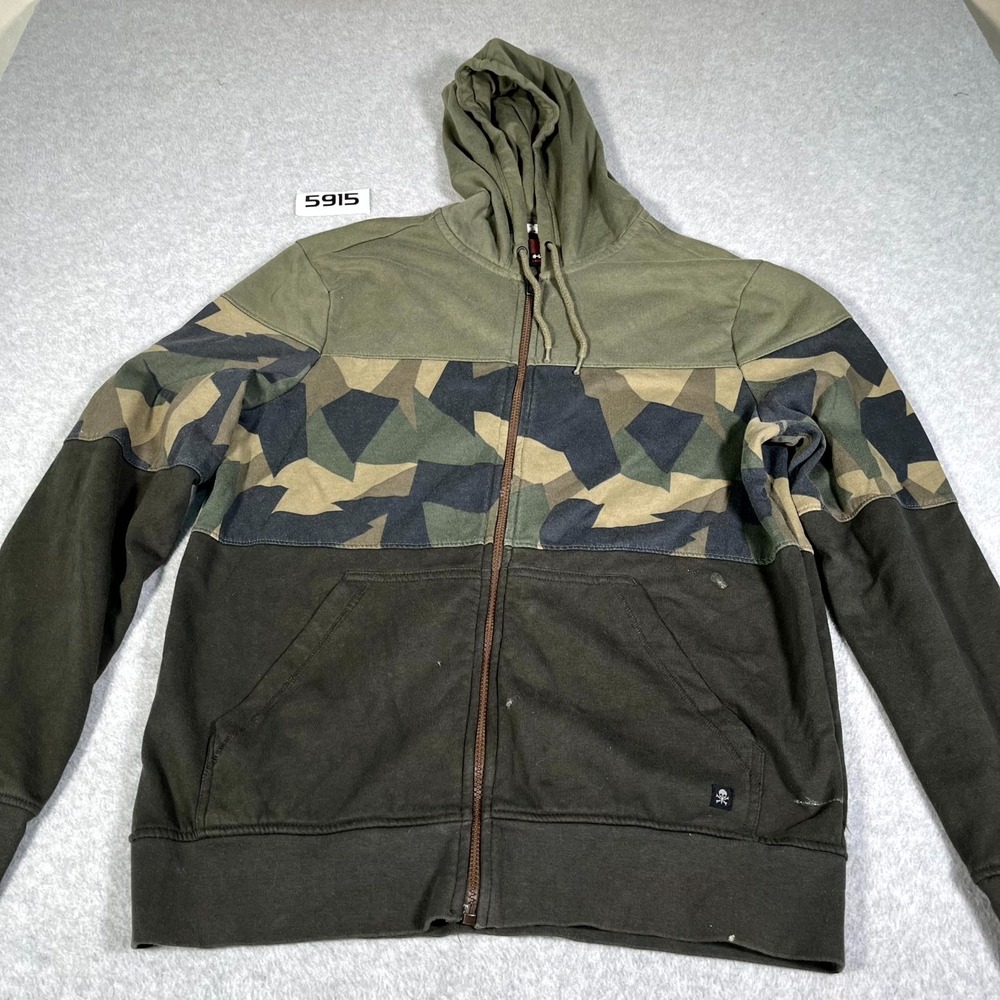 Tony Hawk Hoodie Mens‎ Large Olive Green Camo Colorblock Fleece Lined Full Zip